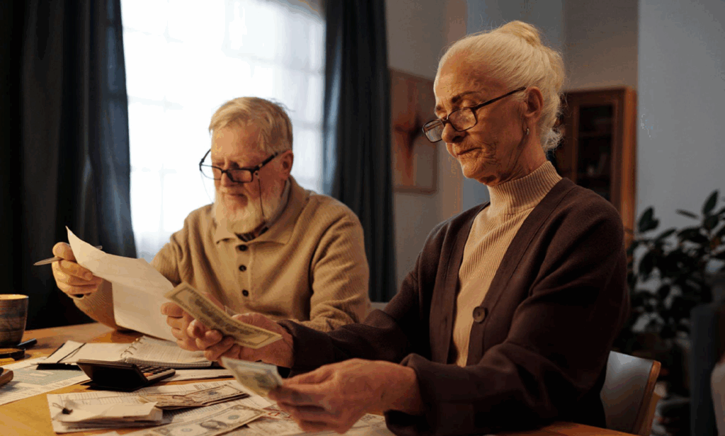 an older adult couple reviewing their finances together at home