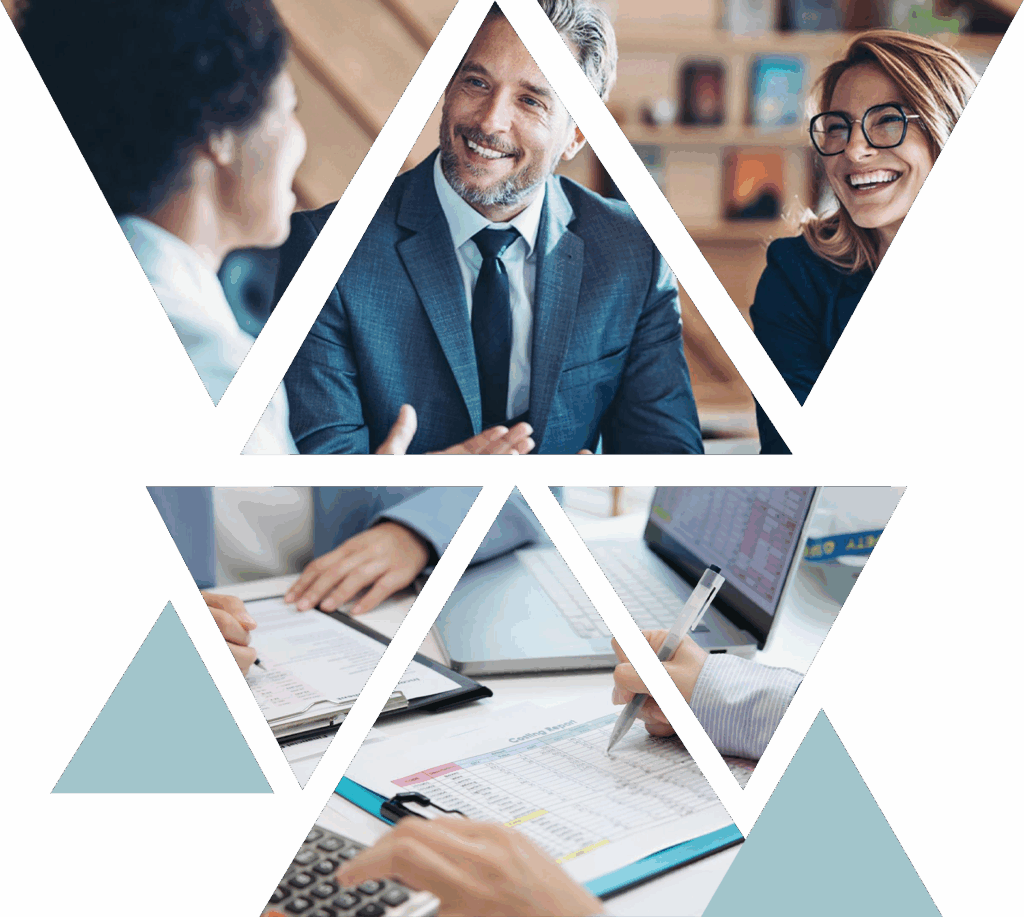 people smiling reviewing finance documents