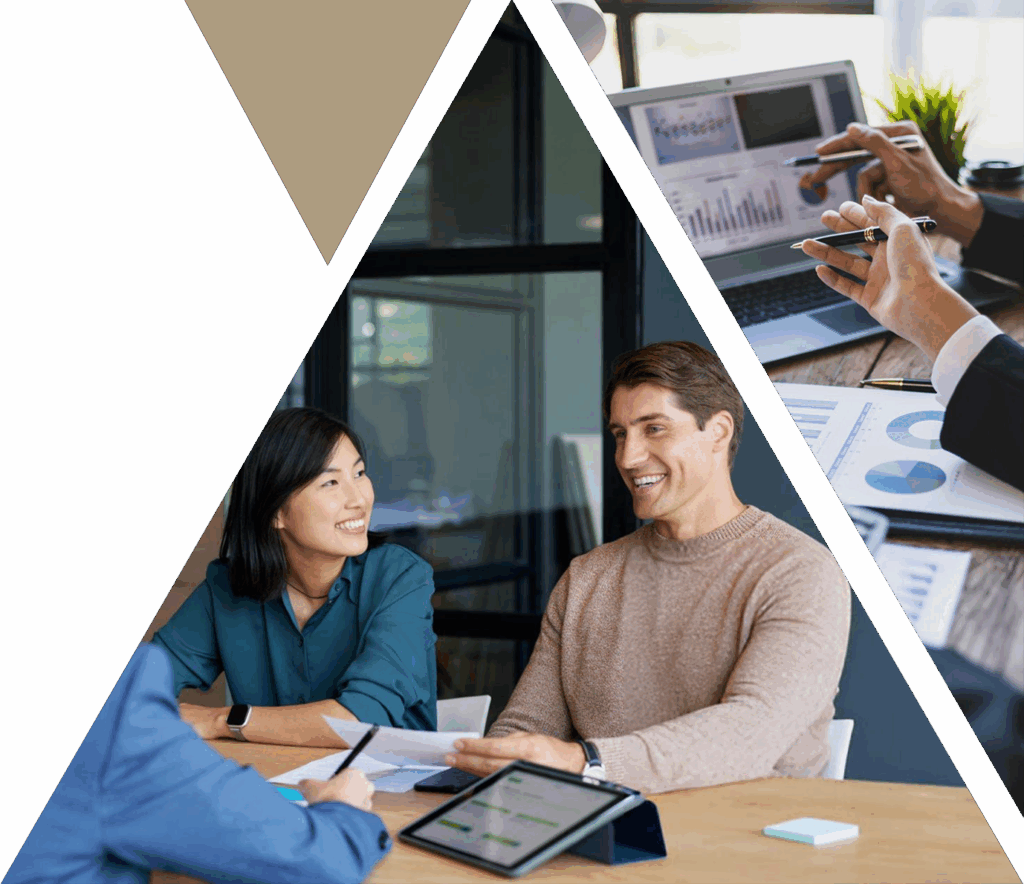 people smiling reviewing financial documents
